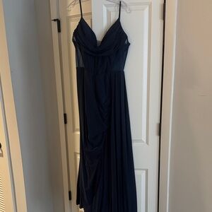 Navy Draped Maxi Dress with Spaghetti Straps